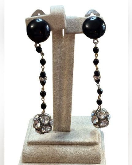 Elegant Black and Silver Dangle clip on rhinestones Earrings