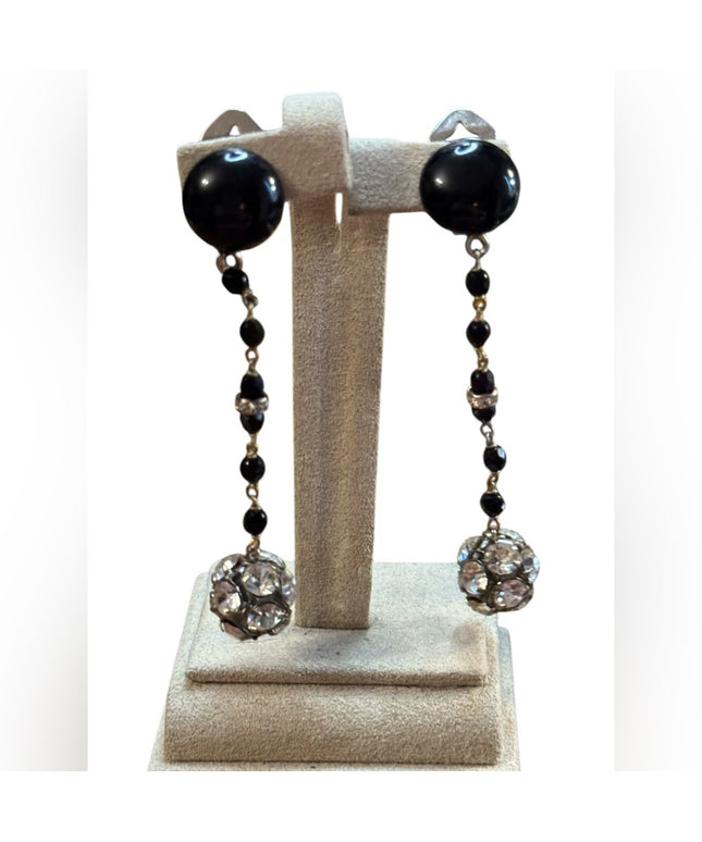 Elegant Black and Silver Dangle clip on rhinestones Earrings