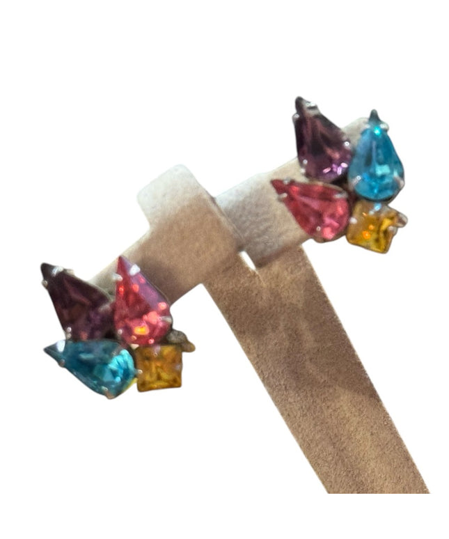 Vintage Colorful multi color teardrop Crystal screw back Earrings 1950s