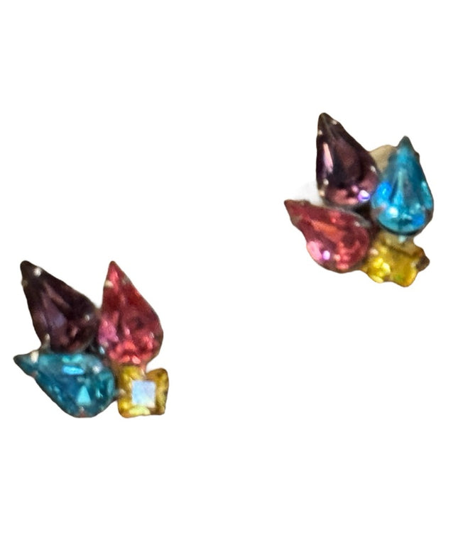 Vintage Colorful multi color teardrop Crystal screw back Earrings 1950s