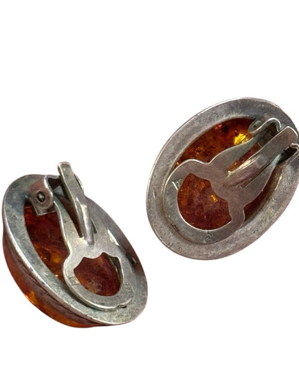 Vintage Sterling Silver 925 Southwestern Amber Oval Clip on Earrings