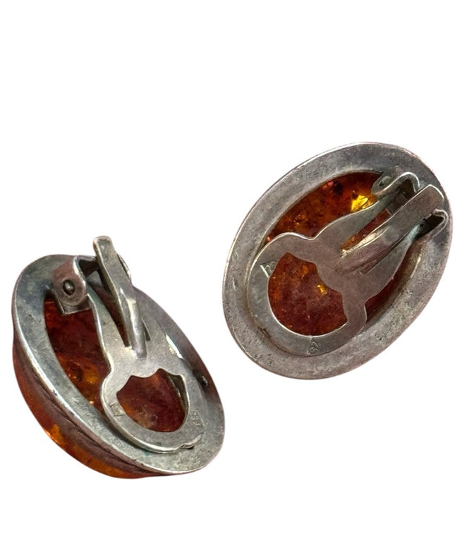 Vintage Sterling Silver 925 Southwestern Amber Oval Clip on Earrings