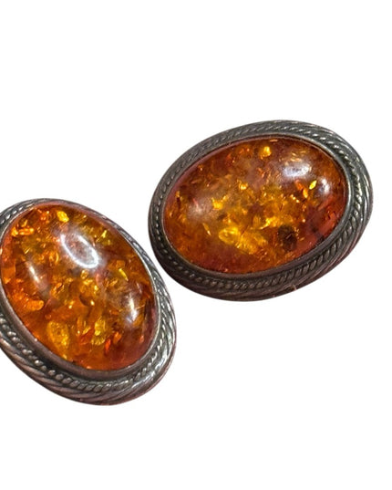 Vintage Sterling Silver 925 Southwestern Amber Oval Clip on Earrings