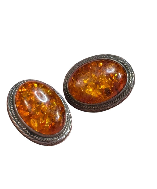 Vintage Sterling Silver 925 Southwestern Amber Oval Clip on Earrings
