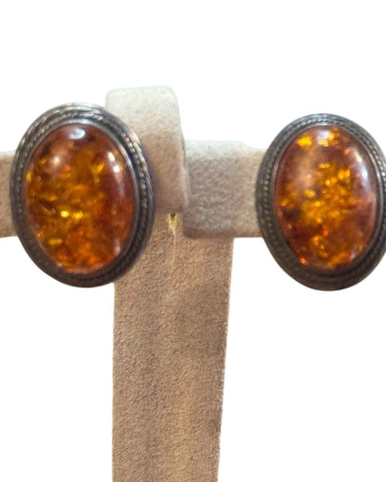 Vintage Sterling Silver 925 Southwestern Amber Oval Clip on Earrings