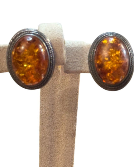 Vintage Sterling Silver 925 Southwestern Amber Oval Clip on Earrings