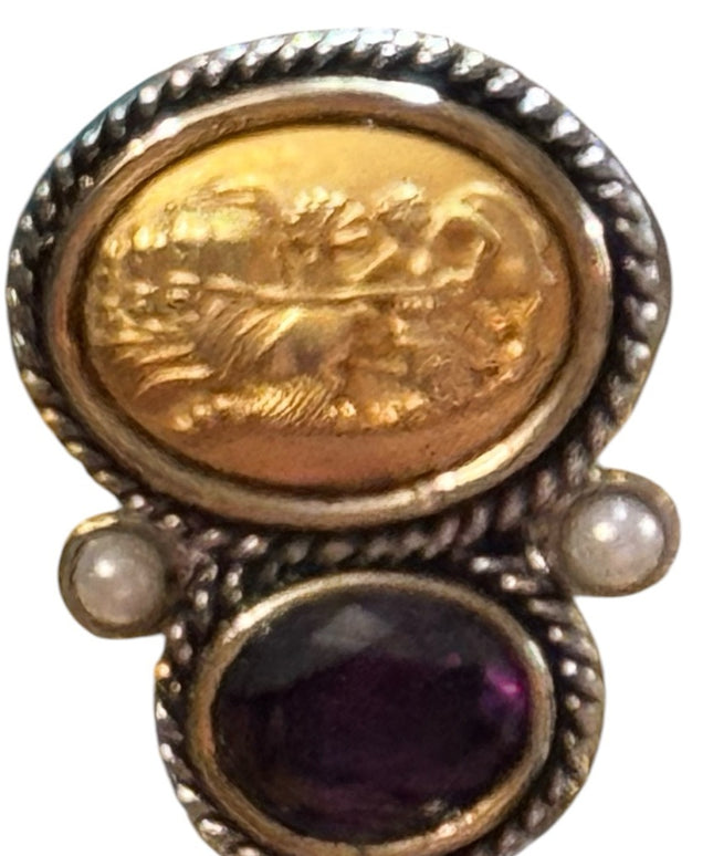 Roman Gladiator Motive Silver Purple glass accent Earrings