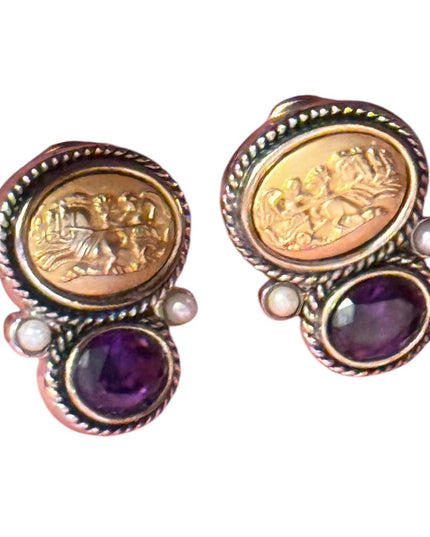Roman Gladiator Motive Silver Purple glass accent Earrings