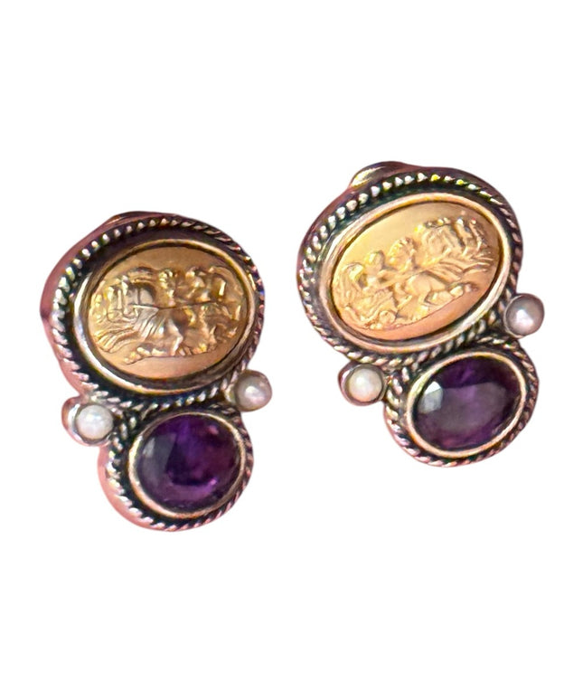Roman Gladiator Motive Silver Purple glass accent Earrings