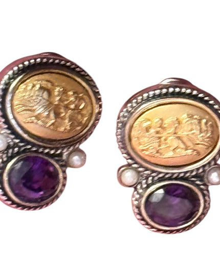 Roman Gladiator Motive Silver Purple glass accent Earrings