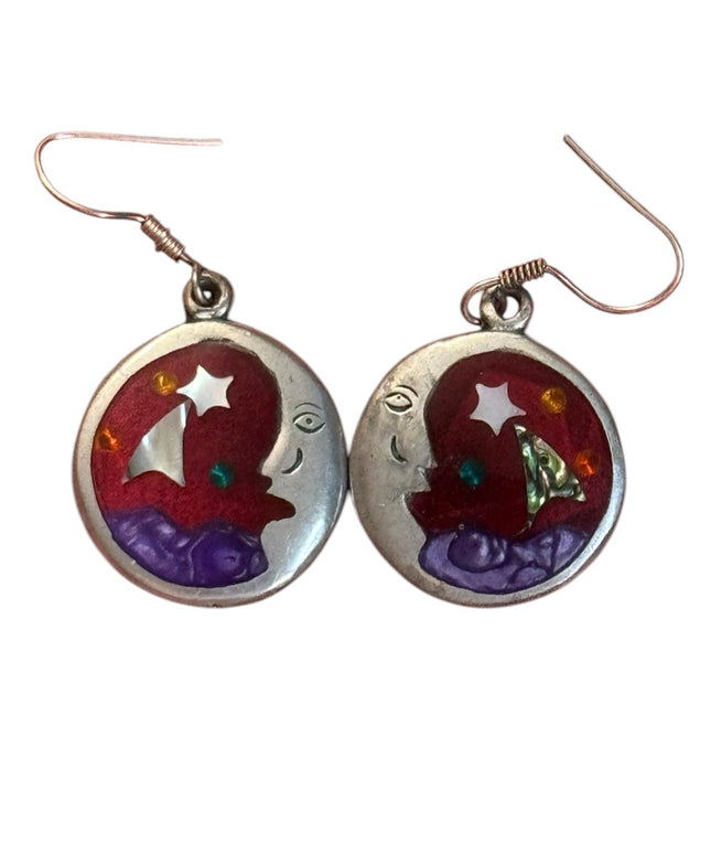 Vintage Alpaca Colorful enameled Moon and Star round  Earrings Mexico