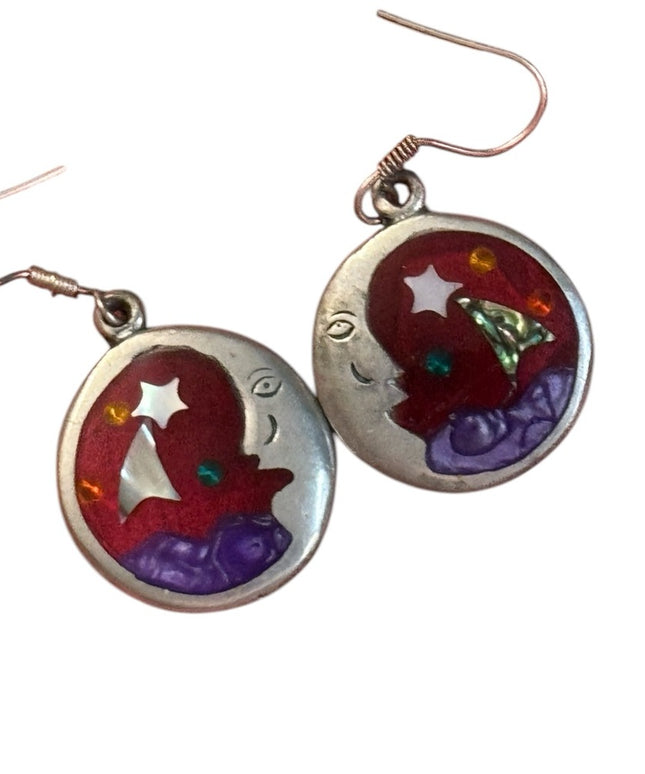 Vintage Alpaca Colorful enameled Moon and Star round  Earrings Mexico