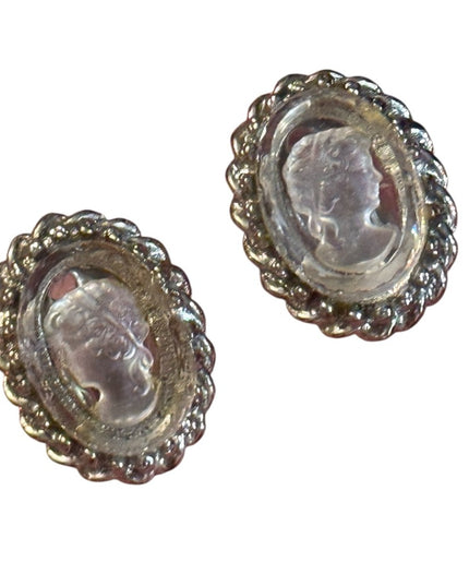 Elegant reverse carved glass Silver finish Cameo Earrings