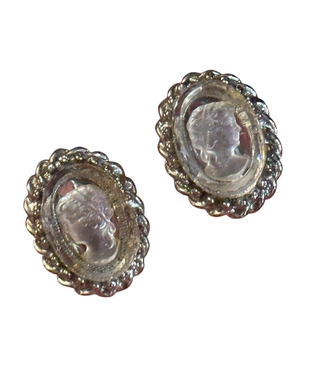 Elegant reverse carved glass Silver finish Cameo Earrings