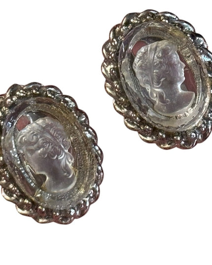 Elegant reverse carved glass Silver finish Cameo Earrings
