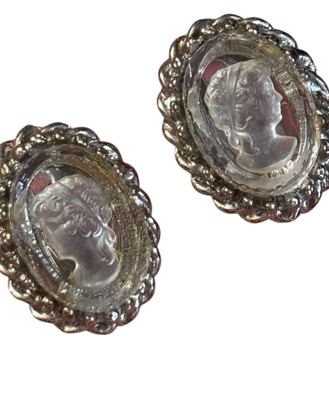 Elegant reverse carved glass Silver finish Cameo Earrings