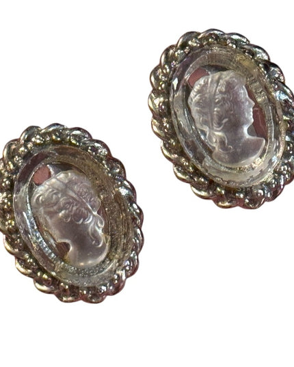 Elegant reverse carved glass Silver finish Cameo Earrings