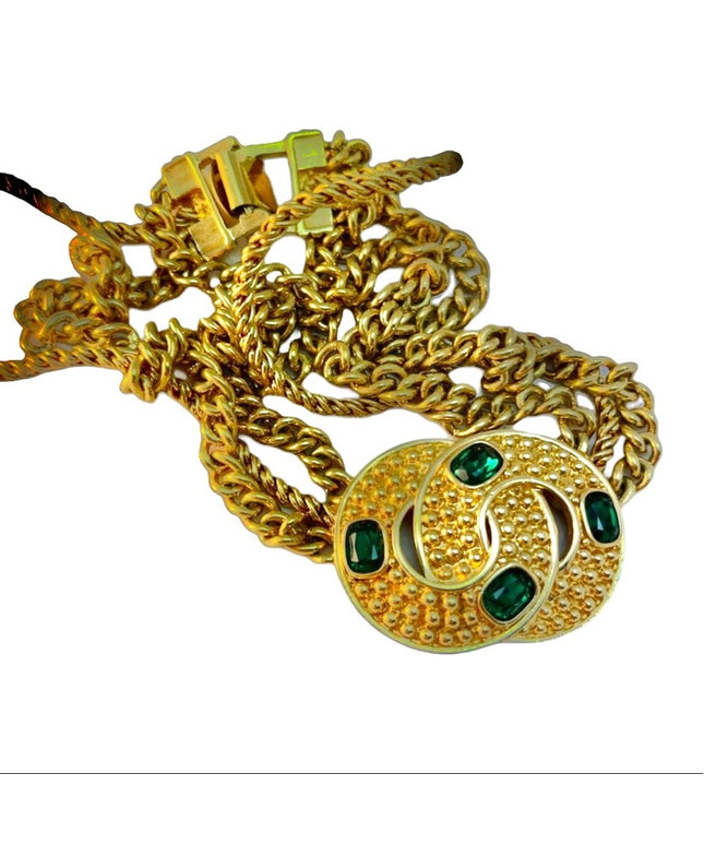 Vintage SAL Swarovski authentic Gold tone multi chunky necklace green crystal