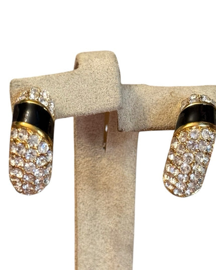 Elegant vintage Black & Clear  Crystal Gold plt Earrings