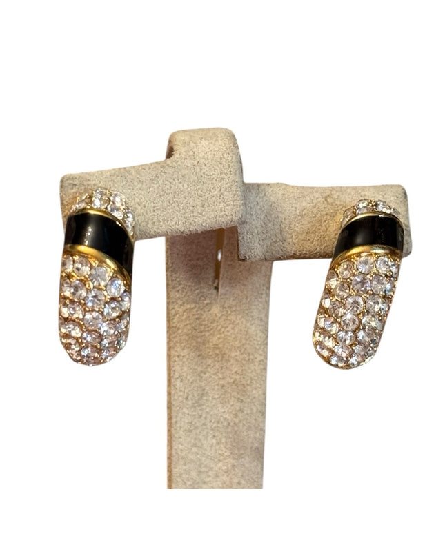 Elegant vintage Black & Clear  Crystal Gold plt Earrings