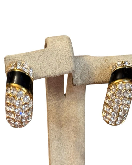 Elegant vintage Black & Clear  Crystal Gold plt Earrings