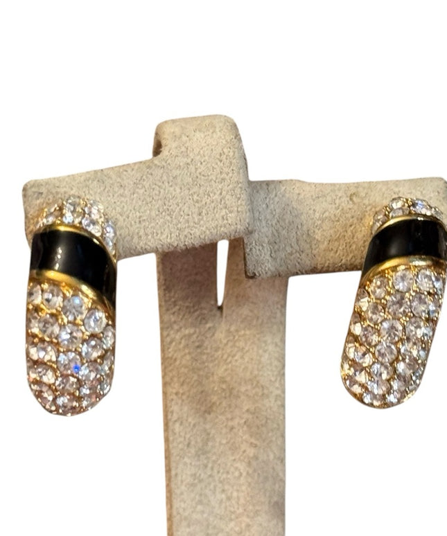 Elegant vintage Black & Clear  Crystal Gold plt Earrings