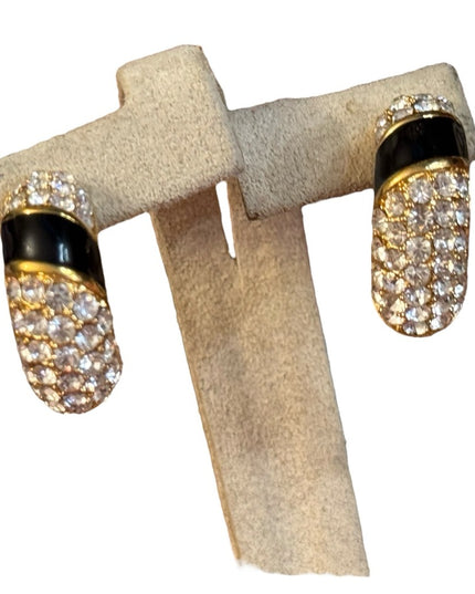 Elegant vintage Black & Clear  Crystal Gold plt Earrings