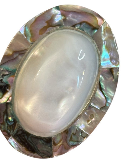 Vintage Oval Mexico Alpaca MOP Abalone Large Shell Brooch