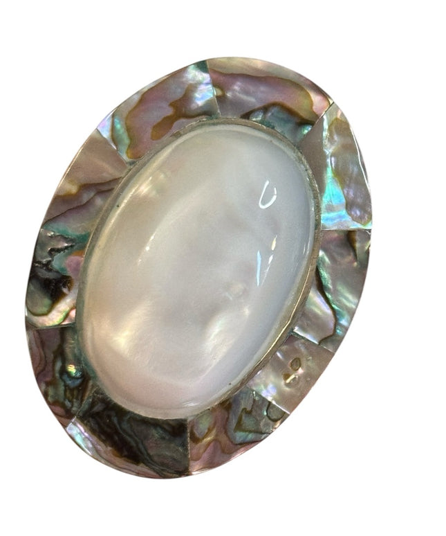 Vintage Oval Mexico Alpaca MOP Abalone Large Shell Brooch