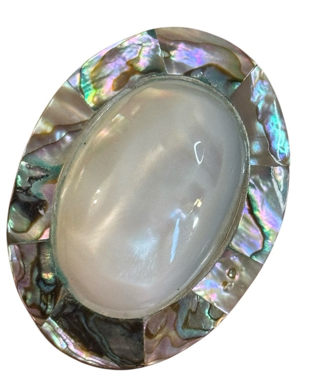 Vintage Oval Mexico Alpaca MOP Abalone Large Shell Brooch