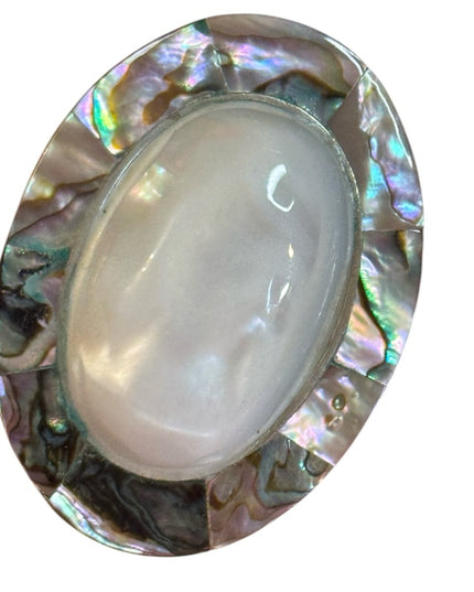 Vintage Oval Mexico Alpaca MOP Abalone Large Shell Brooch