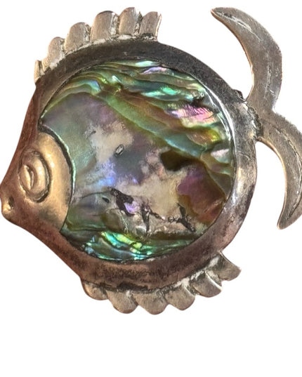 Vintage Mexico PRH 925 Sterling Silver Abalone Fish Brooch