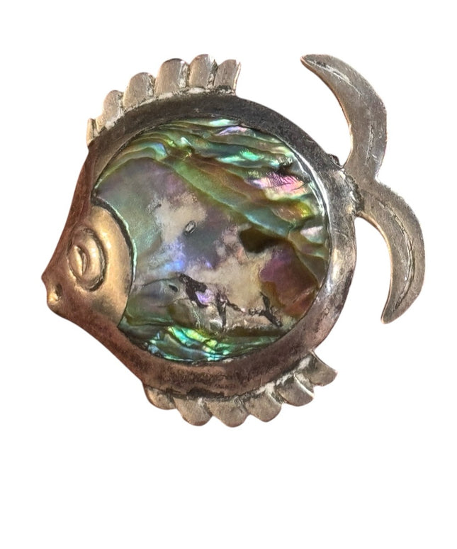 Vintage Mexico PRH 925 Sterling Silver Abalone Fish Brooch