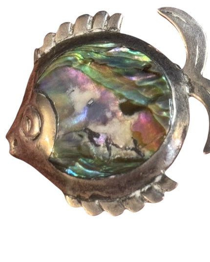 Vintage Mexico PRH 925 Sterling Silver Abalone Fish Brooch