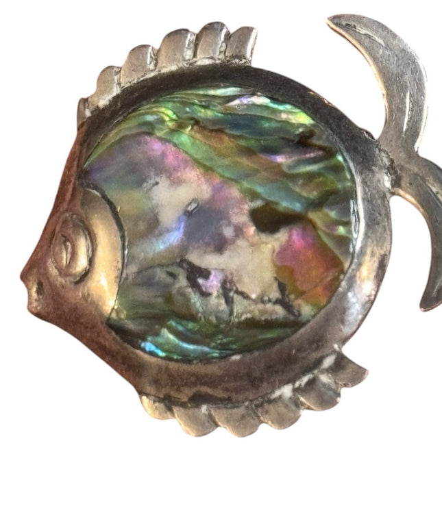 Vintage Mexico PRH 925 Sterling Silver Abalone Fish Brooch