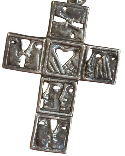 Unique Silver Cross Pendant hands faces