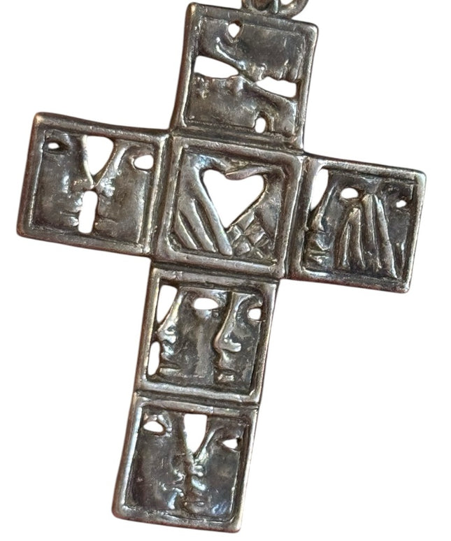 Unique Silver Cross Pendant hands faces