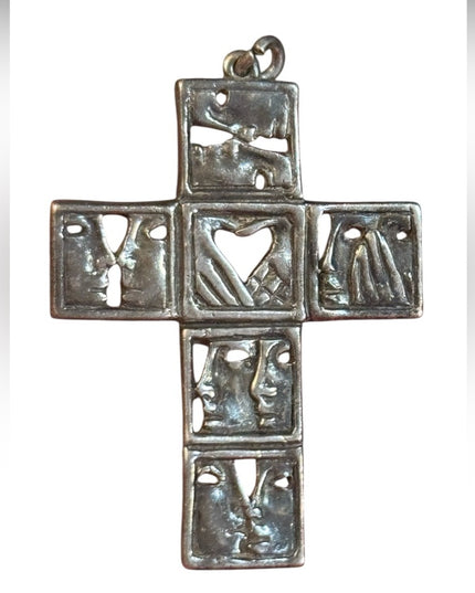 Unique Silver Cross Pendant hands faces