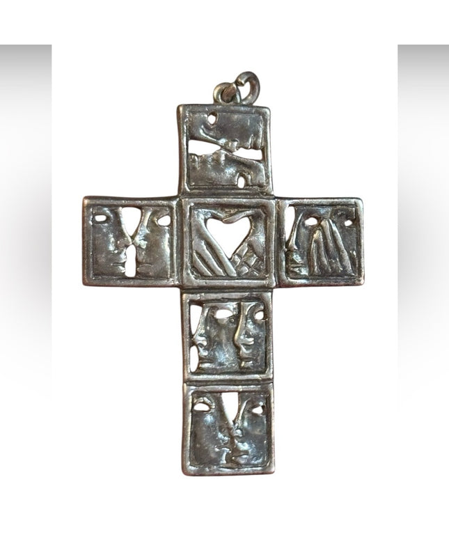 Unique Silver Cross Pendant hands faces