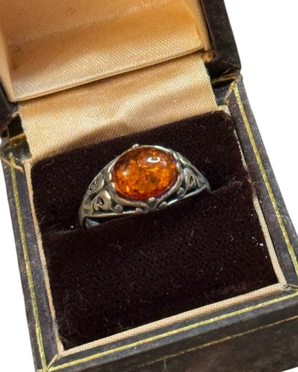 Vintage ornate filagree scrollwork Poland 925  domed Amber Ring