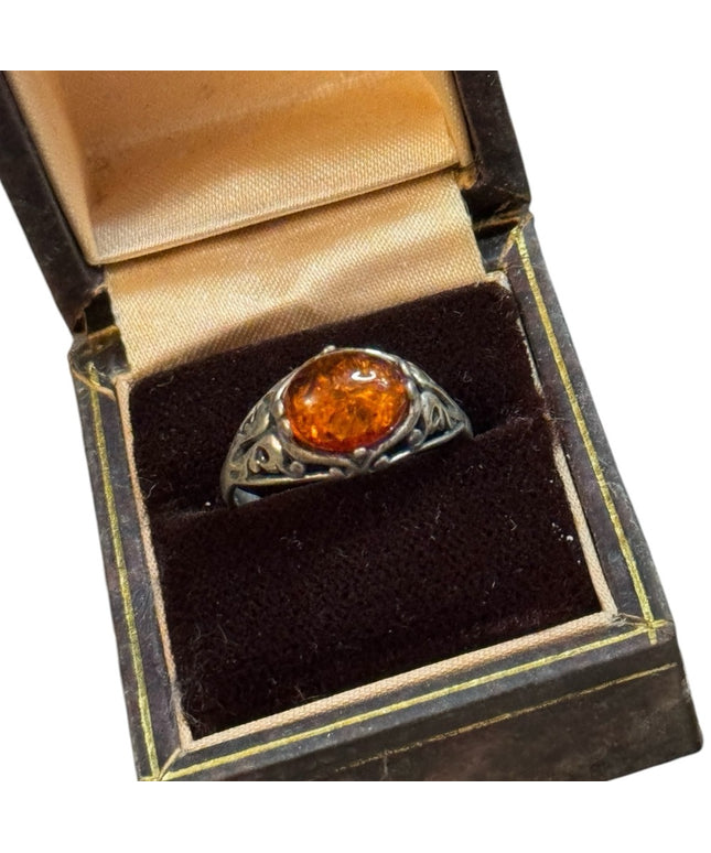 Vintage ornate filagree scrollwork Poland 925  domed Amber Ring