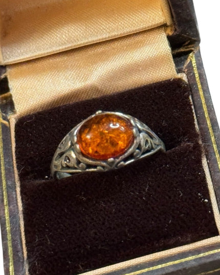 Vintage ornate filagree scrollwork Poland 925  domed Amber Ring