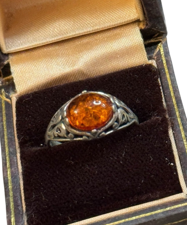Vintage ornate filagree scrollwork Poland 925  domed Amber Ring