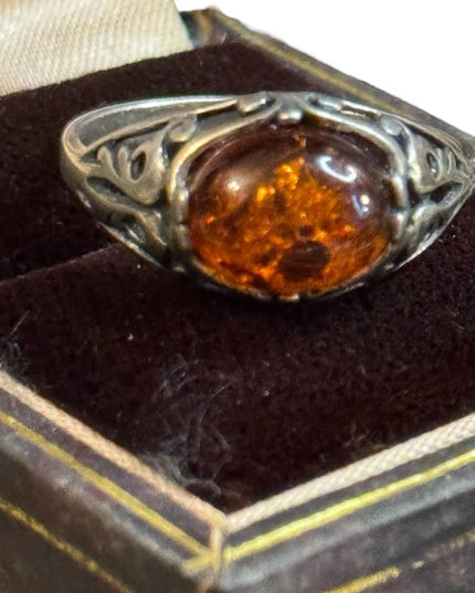 Vintage ornate filagree scrollwork Poland 925  domed Amber Ring