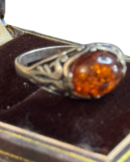 Vintage ornate filagree scrollwork Poland 925  domed Amber Ring