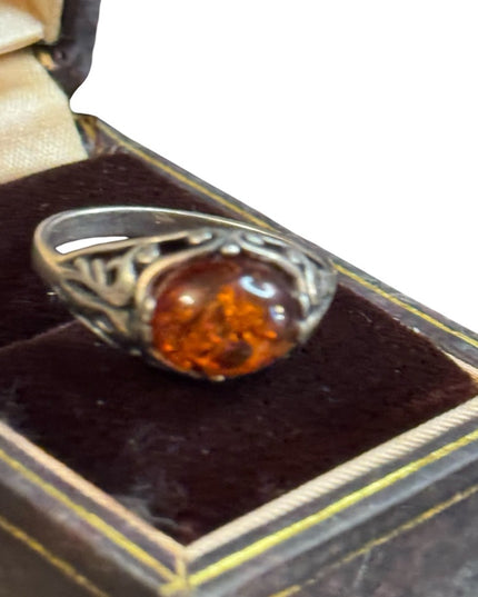 Vintage ornate filagree scrollwork Poland 925  domed Amber Ring