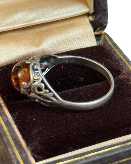 Vintage ornate filagree scrollwork Poland 925  domed Amber Ring