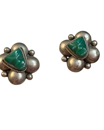 Vintage Green onyx Stone Aztec Mayan Silver Mexico  Earrings screw Back