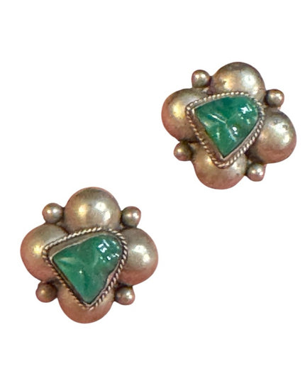 Vintage Green onyx Stone Aztec Mayan Silver Mexico  Earrings screw Back