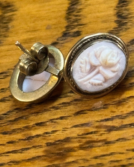 Vintage gold filled 800 silver Gold carved floral Cameo Earrings